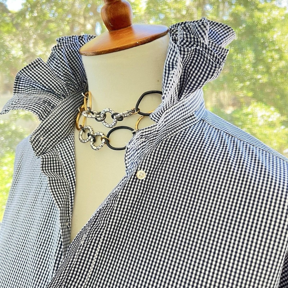 Upcycled Re-worked Ralph Lauren Blake Black Micro Check Ruffle Collar Shirt XXL - Picture 3 of 9